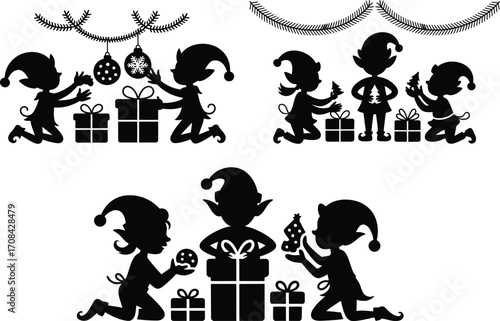 Festive christmas elves decorating gifts and preparing presents for the holidays