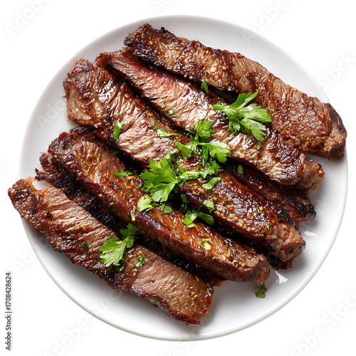 Beef slices grilled and served on white plate isolated