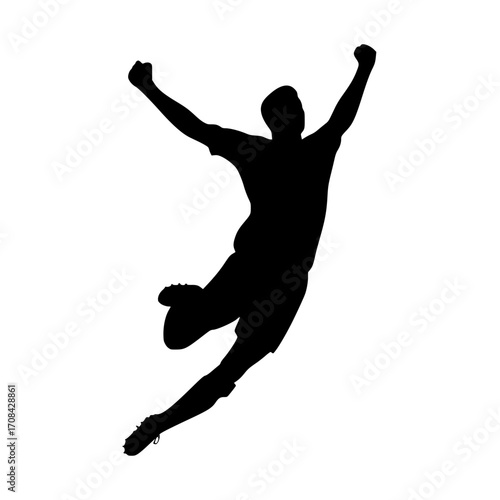 Dynamic soccer player silhouette celebrating a triumphant goal with arms raised high in victory