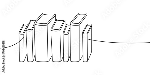 Minimalist line art of seven books, connected with a smooth flowing line