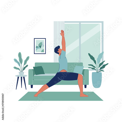 Yoga practice at home living room digital illustration relaxing environment side view wellness concept. Vector illustration