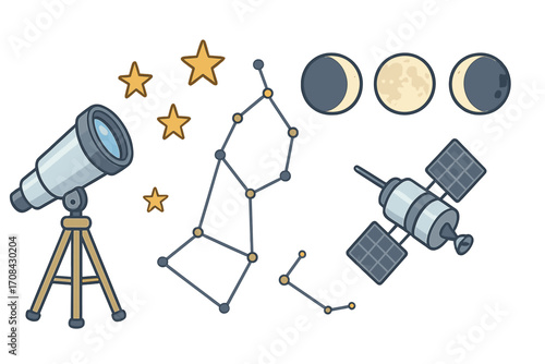 Astronomy icon set with telescope, stars, and constellations. Vector cartoon illustration of moon phases and satellite for space exploration and science discovery concepts.