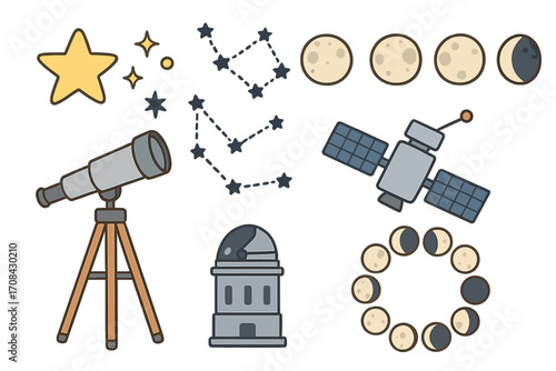 Astronomy icon set. Space observation tools and symbols collection. Vector cartoon illustration of telescope, observatory, satellite, stars, constellations, moon phases cycle.