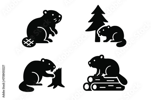 Beaver icons set. Wild animal character building dam. Simple black silhouette of a rodent gnawing wood. Wildlife and nature construction symbol for logo. Forest cartoon vector.