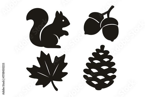 Autumn woodland icons set with squirrel, acorn, maple leaf, and pinecone silhouettes. Vector illustration pack for fall season design. Forest animal and nature elements.