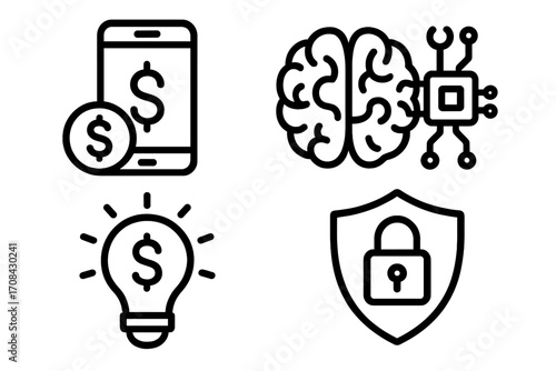 Fintech icon set for AI solutions, innovation, and security management. Vector concepts for mobile banking, artificial intelligence, financial ideas, and data protection.