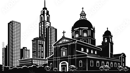 Vector art of black silhouette of the city of indianapolis indiana skyline with church