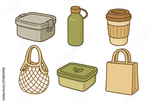 Collection of reusable containers and bags for promoting sustainability and an eco-friendly living. Zero waste lifestyle vector cartoon illustration with a transparent background.