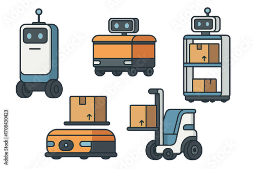 Set of warehouse automation robots. AGV, AMR, automated forklift, delivery bot collection. Vector icons for logistics, storage, and autonomous robotic delivery service.