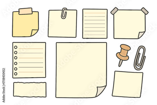 Set of paper notes and office supplies. Collection of sticky notes, memo sheets, to-do list, paper clip, and push pin. Blank stationery for reminders. Vector cartoon design element.