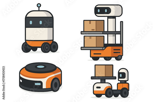 Warehouse automation robots concept. Delivery bot and logistics androids. Automated guided vehicle AGV. Autonomous mobile robot AMR. Future technology for transport and distribution.