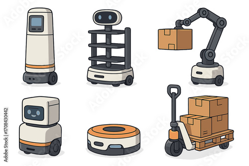 Warehouse automation robots set. Collection of modern delivery bots, industrial robotic arm, AGV for logistics and distribution. Future technology vector cartoon illustration.