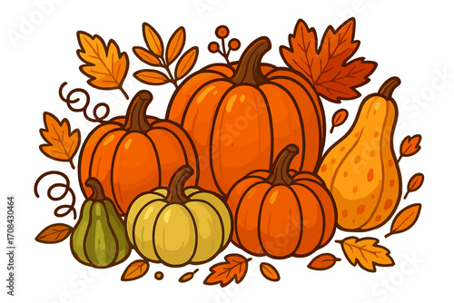 Festive autumn arrangement of pumpkins, gourds, and colorful fall leaves. Cartoon vector illustration for seasonal harvest, Thanksgiving, and Halloween decorations. Isolated.