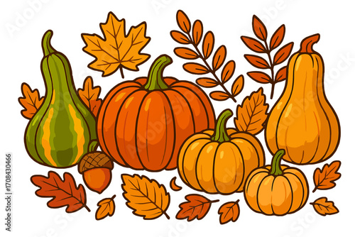 Autumn fall harvest festival border with pumpkins, gourds, and colorful leaves. Vector cartoon illustration for Thanksgiving seasonal design. Acorn, squash, and leaf elements.