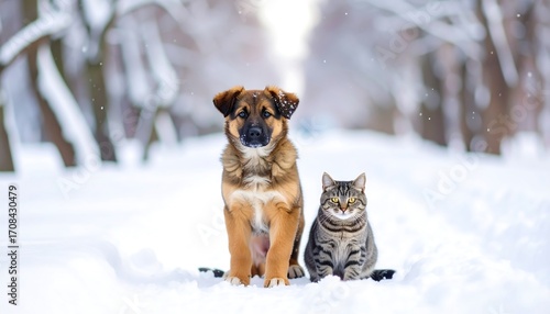 Two pets in snowy park