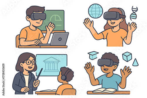 Virtual reality education technology set. Students use virtual reality headset for e-learning in metaverse. Future school, online class. Immersive lesson in science, math. Cartoon vector.