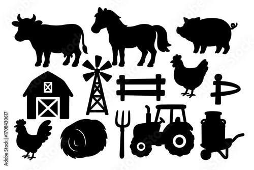 Farm animal silhouette vector set. Collection of rural agricultural icons. Cow, horse, pig, chicken, barn, tractor, windmill. Country farming and ranch graphic elements.