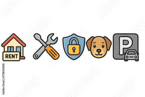 Real estate rental icons set. House for rent, maintenance tools, security shield, pet friendly sign, and car parking symbol. Vector cartoon graphic for property amenities.