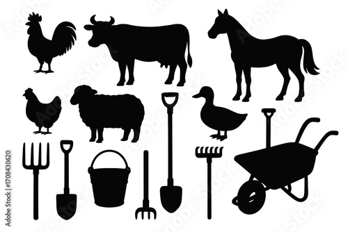 Farm animal and farming tool silhouette collection. Vector set of livestock and agriculture equipment icons. Cow, horse, sheep, chicken, duck, rooster. Ranch work design elements.