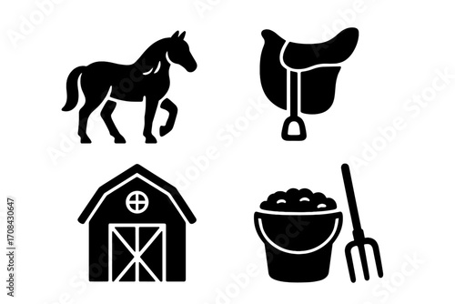 Equestrian icons set with horse, saddle, barn and stable supplies. Black silhouette design. Vector glyph illustration for ranch, farm and horse riding equipment concepts.