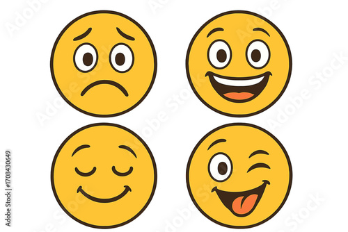 Emoticon faces vector set with different emotions. Cute cartoon emoji characters collection with happy smile, sad, content and winking expression. Yellow comic face icons.