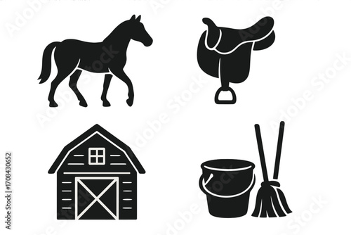 Equestrian icons set with horse, saddle, barn, and stable supplies. Black silhouette design for horse riding and farm life concepts. Vector illustration of animal care equipment.