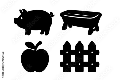 Farm animal silhouette icons with pig, trough, apple, and fence. Vector cartoon graphic illustration set for agriculture concepts. Black isolated simple flat design elements.