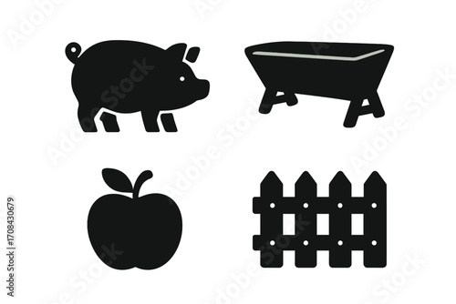 Pig silhouette, feeding trough, apple, and fence icons. Farm animal and agriculture vector icon set. Concepts for farming, livestock, rural life, and organic food.