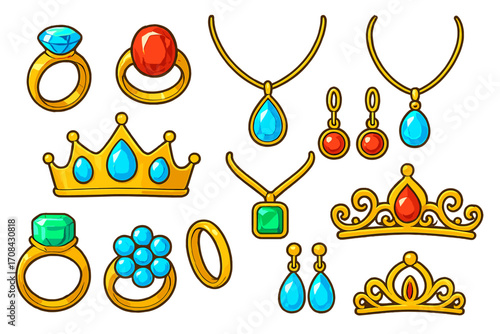 Princess royal jewelry set. Cartoon treasure collection with gold crown, tiara, rings with diamond, necklace and earrings with gems. Game asset vector icons for luxury design.