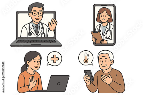 Telemedicine online doctor consultation vector set. Virtual healthcare, remote patient support. Digital medical access via laptop, phone. E-health concept cartoon illustration.