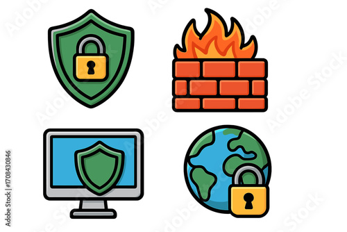 Cybersecurity icon set vector illustration. Internet safety, data privacy, and network protection concepts. Firewall, antivirus, secure connection, and global security symbols.