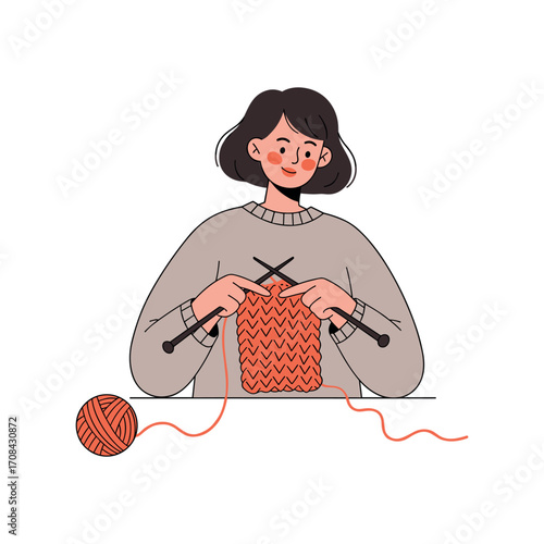 Knitting workshop home craft activity cozy environment view creative expression. Vector illustration