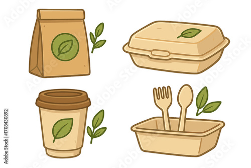 Eco friendly packaging set with sustainable food containers. Zero waste, biodegradable, compostable materials. Recyclable paper bag, box, coffee cup, fork and spoon icons.