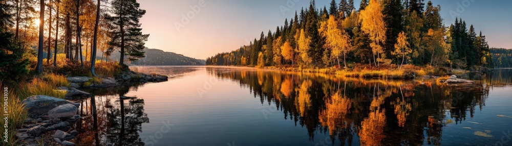 Obraz premium Early autumns glow, golden trees embrace the calm lake, serene reflections at sunrise