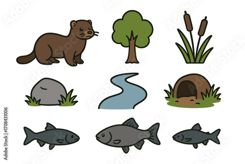 Nature and wildlife icons set featuring mink animal silhouette, river, fish, tree, rock, reed plants, and animal burrow habitat elements in cartoon vector style with transparent background