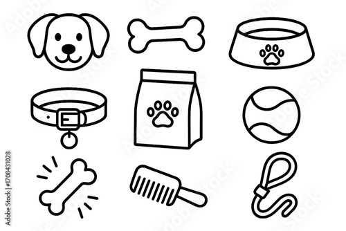 Pet essentials icons linear style for dog care and accessories, vector cartoon illustration set with dog face, bone, collar, leash, food bag, comb, bowl, and ball, transparent background