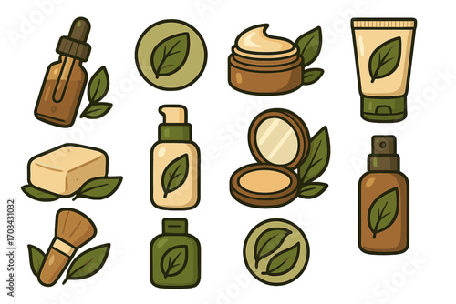 Natural beauty products and cosmetics icons with eco-friendly designs and green leaves, organic skincare, sustainable lifestyle illustration, cartoon vector set