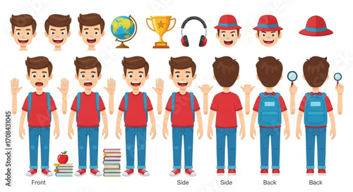 School boy character creation set with different poses, facial expressions, and educational accessories