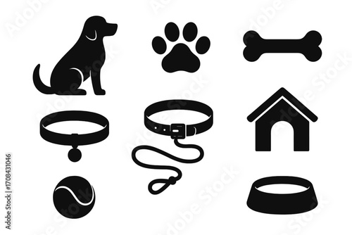 Pet accessories and icons set with dog silhouette, paw print, bone, collar, leash, kennel, ball, and bowl. Vector cartoon illustration for pet care, dog training, and animal lover designs.