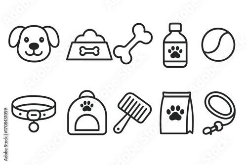 Pet essentials linear icons for dog care and accessories, including dog face, food bowl, bone, medicine bottle, ball, collar, pet house, brush, food bag, and leash, vector set