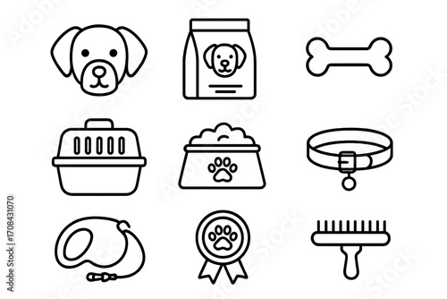 Pet essentials icons linear style for dog care and accessories, including dog face, food bag, bone, carrier, food bowl, collar, leash, award ribbon, and grooming brush, vector illustration