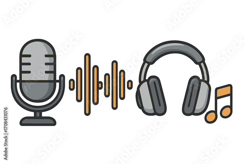 Podcasting equipment icons set with microphone, audio waveform, professional headphones, music note symbols, digital recording gear, sound technology, broadcasting, entertainment vector cartoon