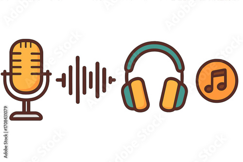 Podcasting equipment icons set with vintage microphone, sound waveform, headphones, and music note symbol. Vector cartoon illustration, audio recording, broadcasting tools design