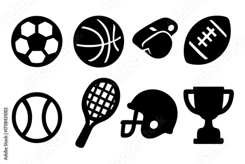Set of bold sports icons including soccer ball, basketball, whistle, football, baseball, tennis racket, helmet, and trophy in silhouette style, vector illustration, transparent background