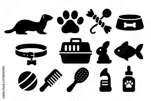 Pet supplies silhouette icons set with ferret, paw print, toys, food bowl, collar, carrier, rabbit, fish, ball, comb, brush, pet shampoo, and dropper bottle, vector cartoon illustration