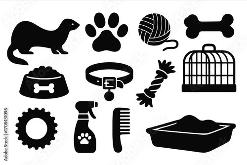 Silhouette pet supplies icons set with ferret, paw print, dog bone, collar, rope toy, bird cage, food bowl, grooming brush, spray bottle, rubber toy, cat litter box, pet care accessories vector