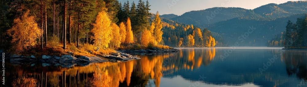 Obraz premium Early autumns glow, golden trees embrace the calm lake, serene reflections at sunrise