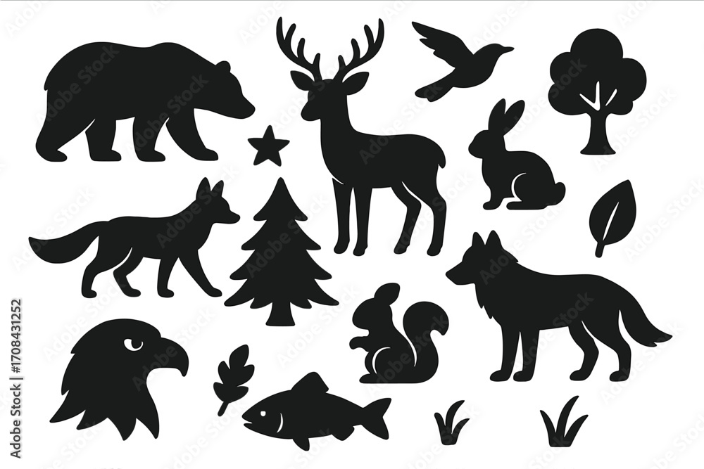 Naklejka premium Simple nature and wildlife animal silhouettes collection, forest icons and woodland creatures vector illustration, transparent background set with trees, birds, fish, and mammals, black shapes
