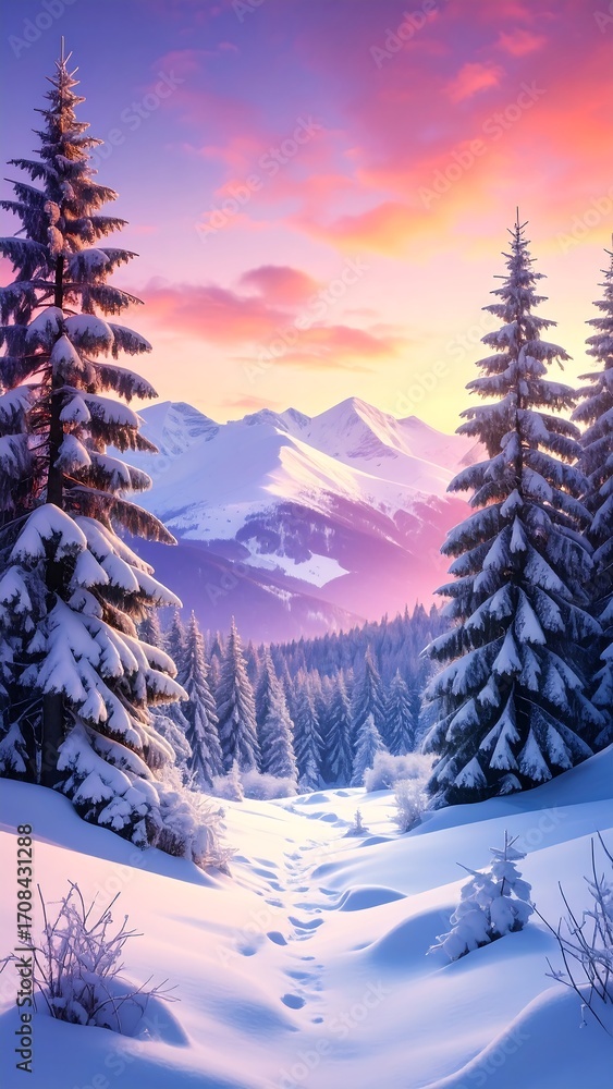 Fototapeta premium Snowy mountain path at dawn