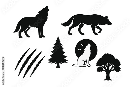 Silhouette wolf set with howling and walking wolves, claw marks, pine tree, and majestic tree nature elements, wild animal icons, vector cartoon illustration design for nature lovers